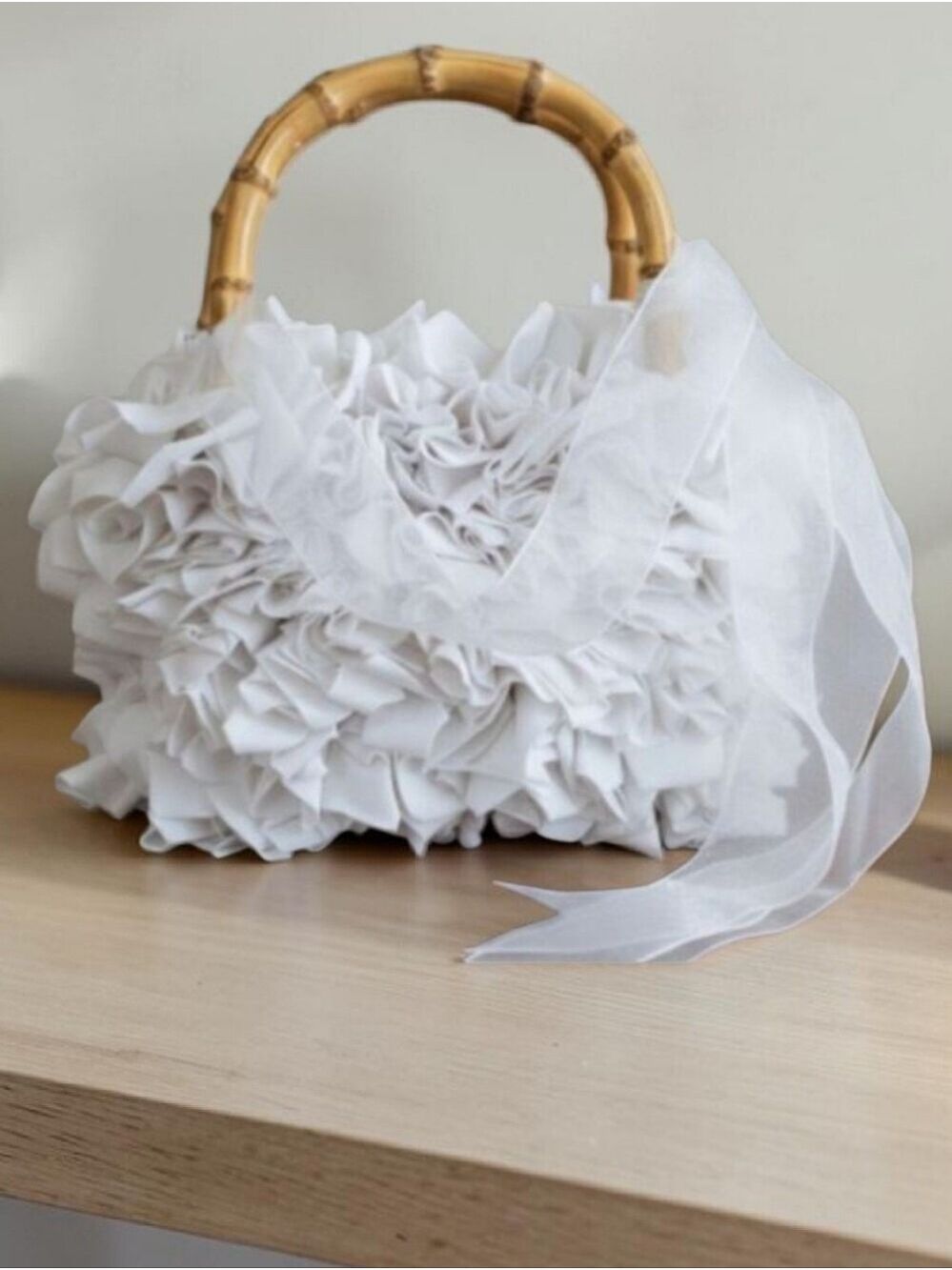 Vintage Y2K Braciano White Ruffle Bamboo Handle Bag Organza Twilly
